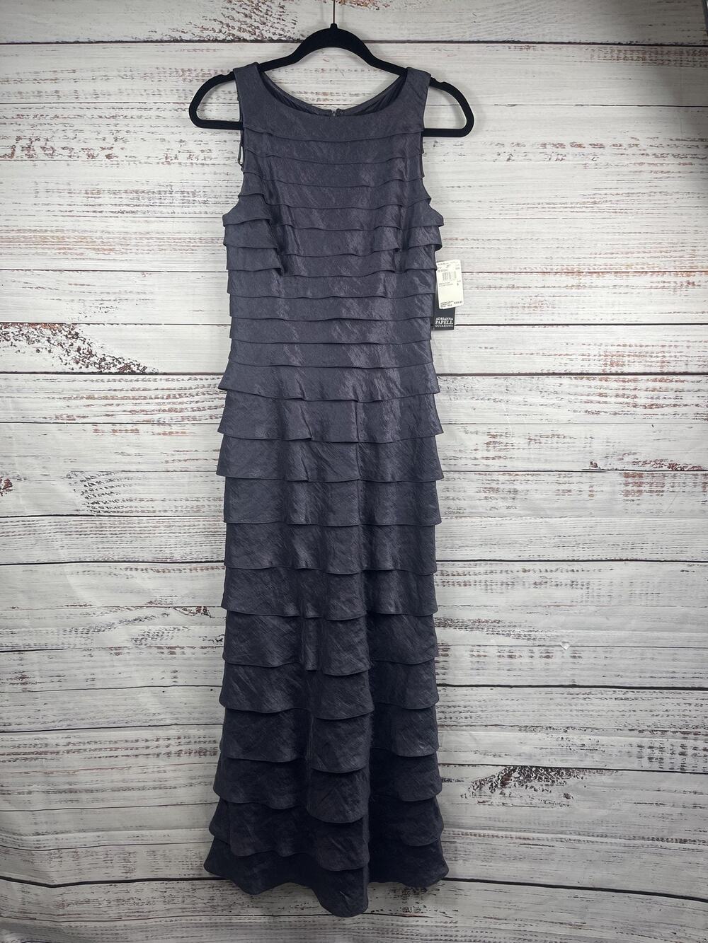 $200 Adrianna Papell Occasions Dress Women's 6P Gray Metallic Tiered Ruffle Gown